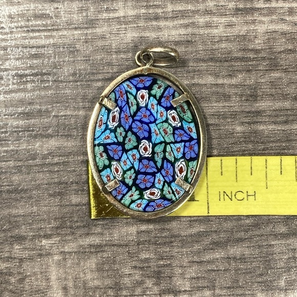 Vintage Murano Millefiori Floral Glass Oval 800 Silver Pendant - Picture 7 of 7